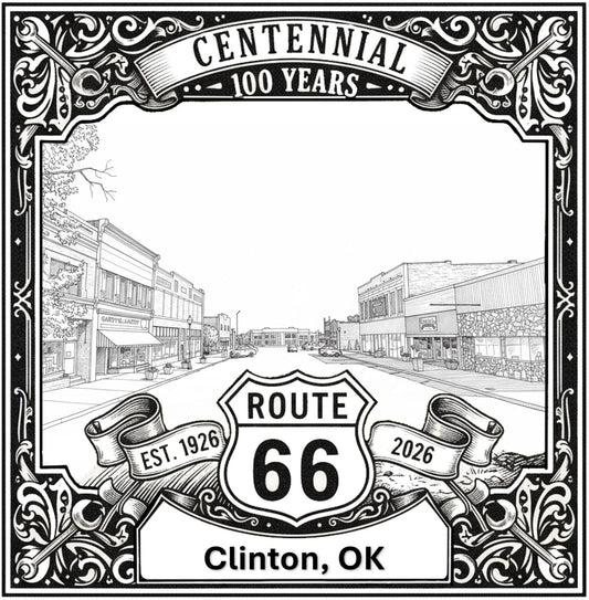 Laser-engraved design of Clinton, Oklahoma for Route 66 Centennial
