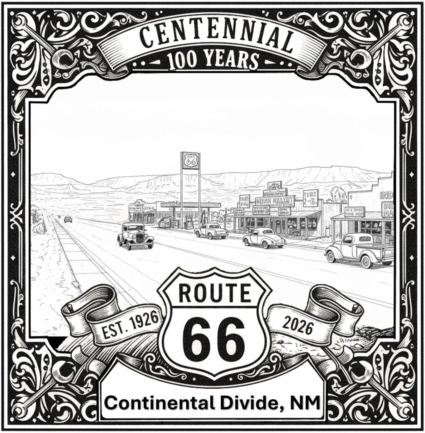 Laser-engraved design of Continental Divide, New Mexico for Route 66 Centennial
