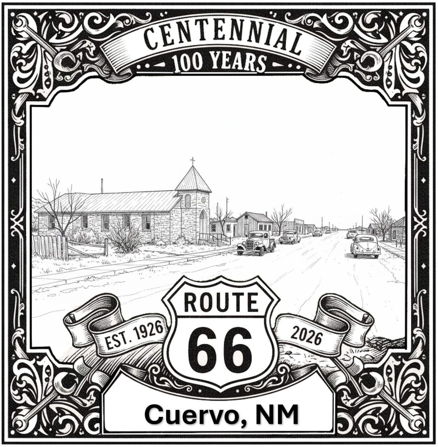 Laser-engraved design of Cuervo, New Mexico for Route 66 Centennial