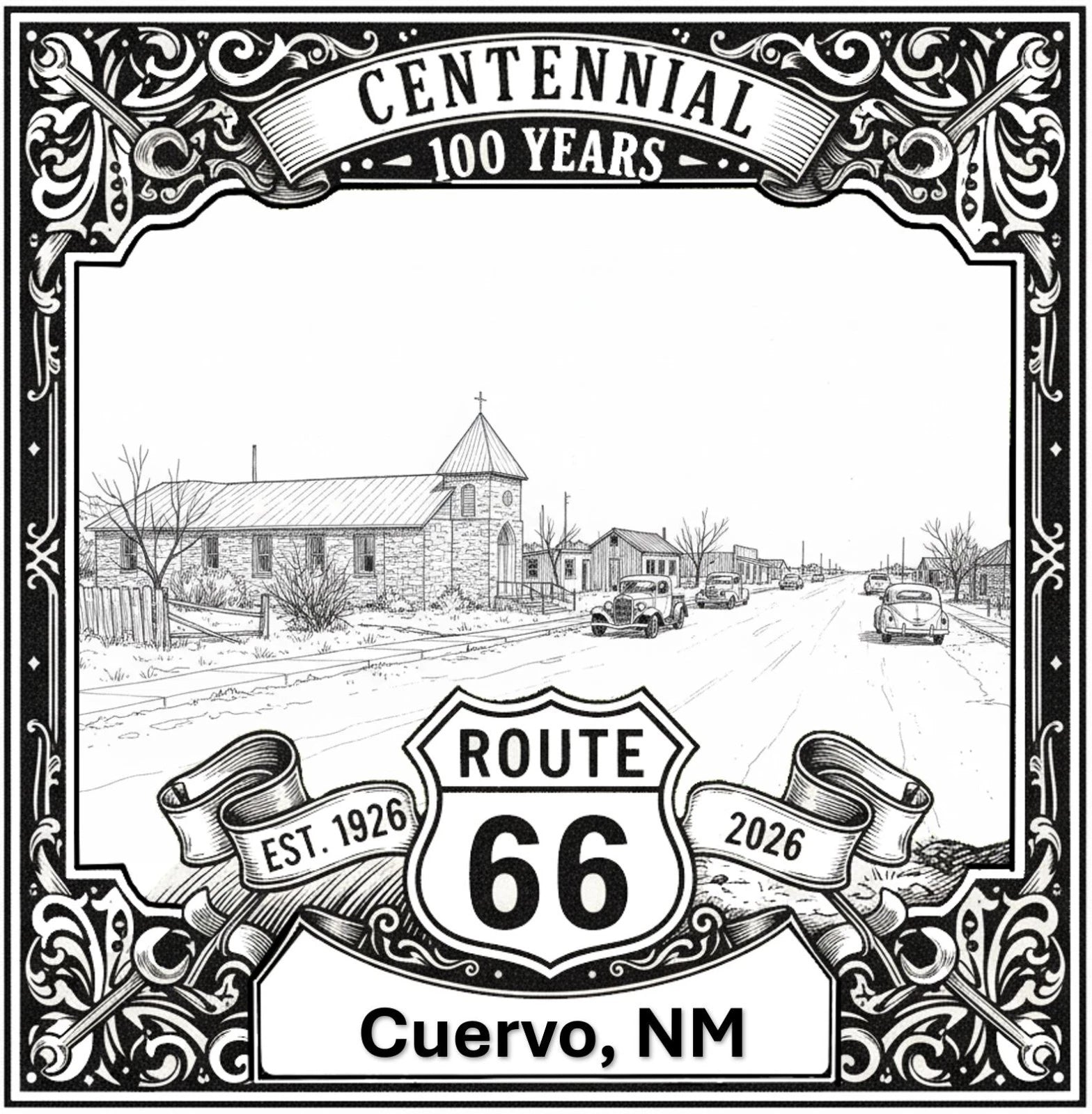 Laser-engraved design of Cuervo, New Mexico for Route 66 Centennial
