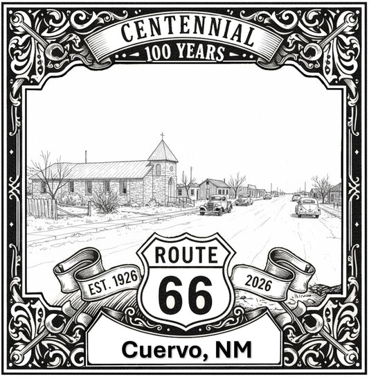 Laser-engraved design of Cuervo, New Mexico for Route 66 Centennial