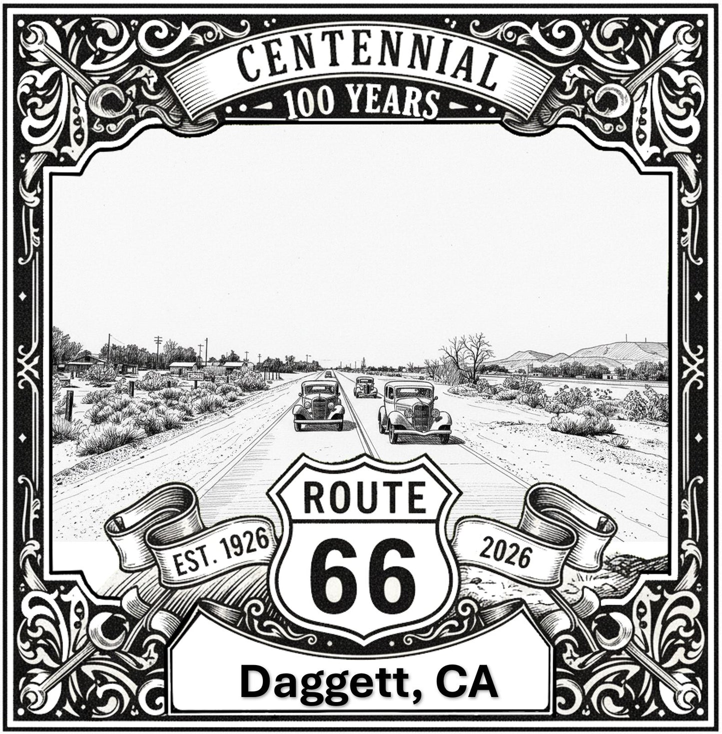 Laser-engraved design of Daggett, California for Route 66 Centennial