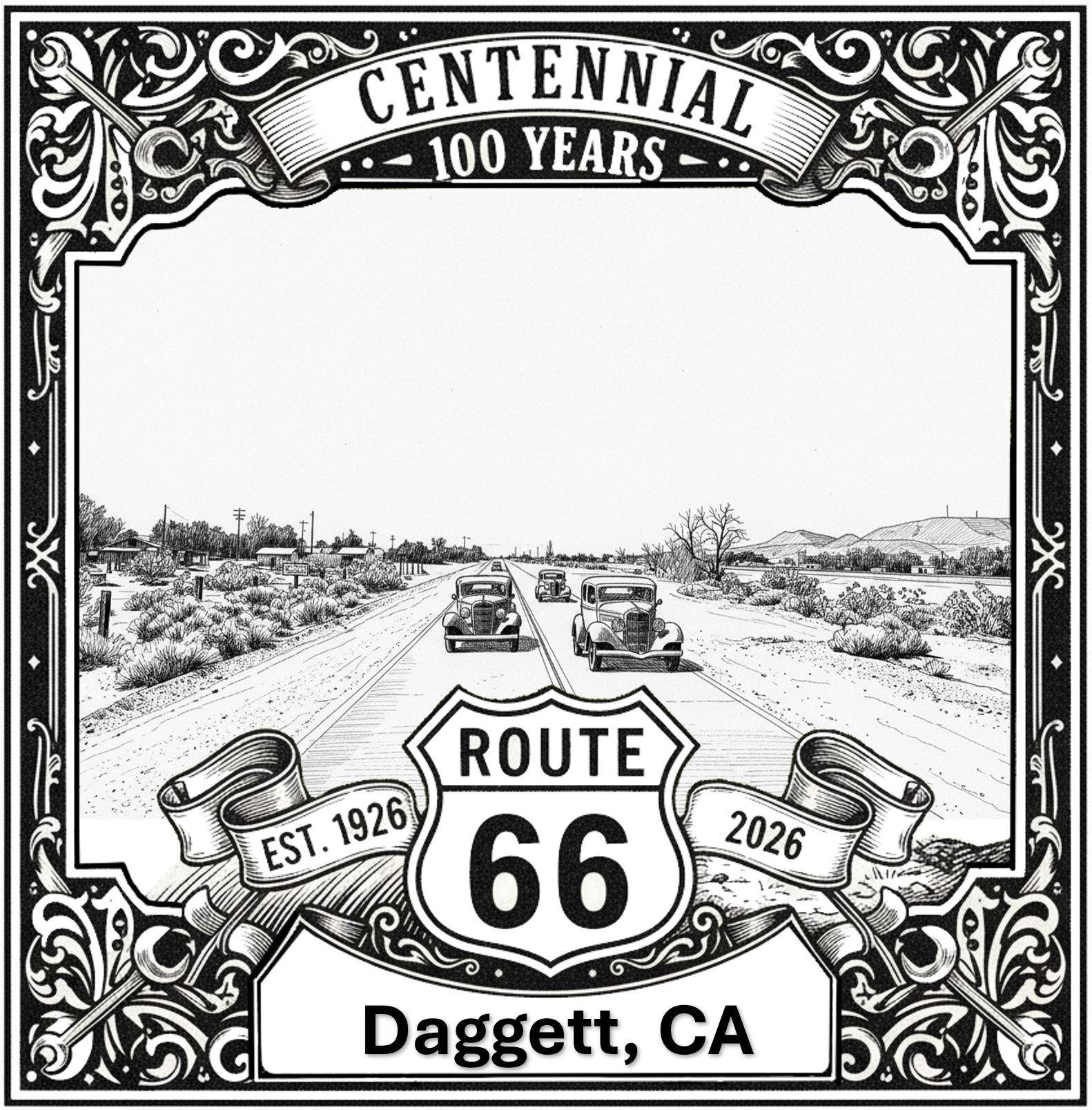 Laser-engraved design of Daggett, California for Route 66 Centennial