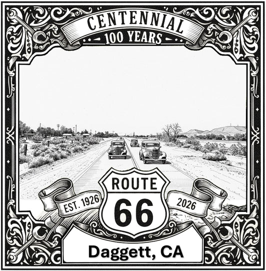 Laser-engraved design of Daggett, California for Route 66 Centennial