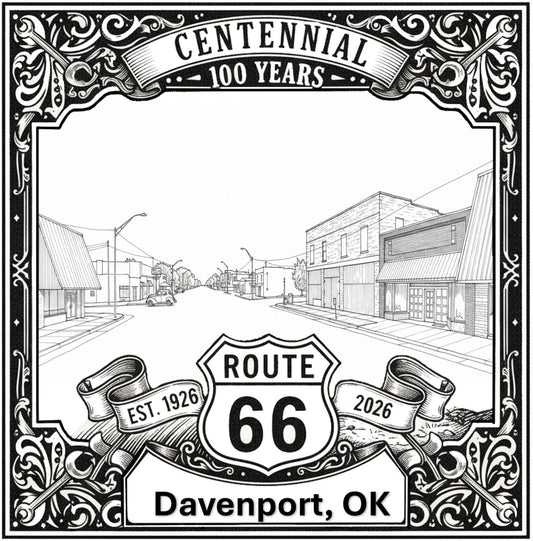 Laser-engraved design of Davenport, Oklahoma for Route 66 Centennial