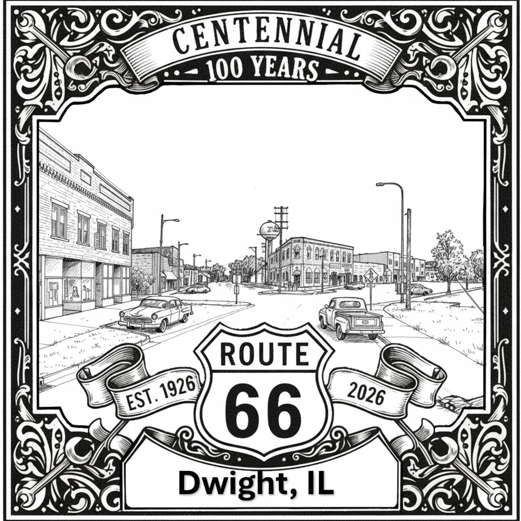Laser-engraved design of Dwight, Illinois for Route 66 Centennial