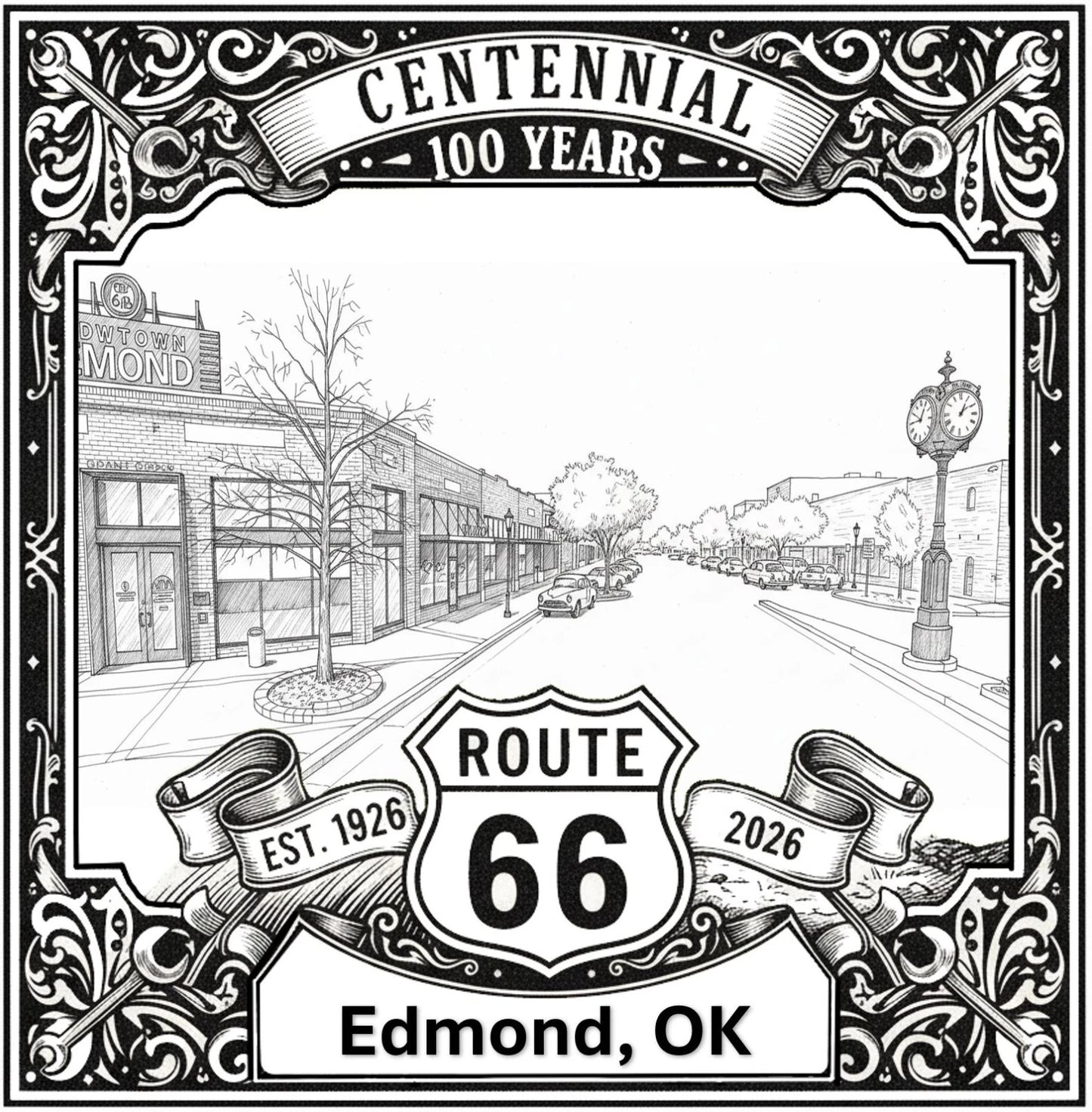 Laser-engraved design of Edmond, Oklahoma for Route 66 Centennial