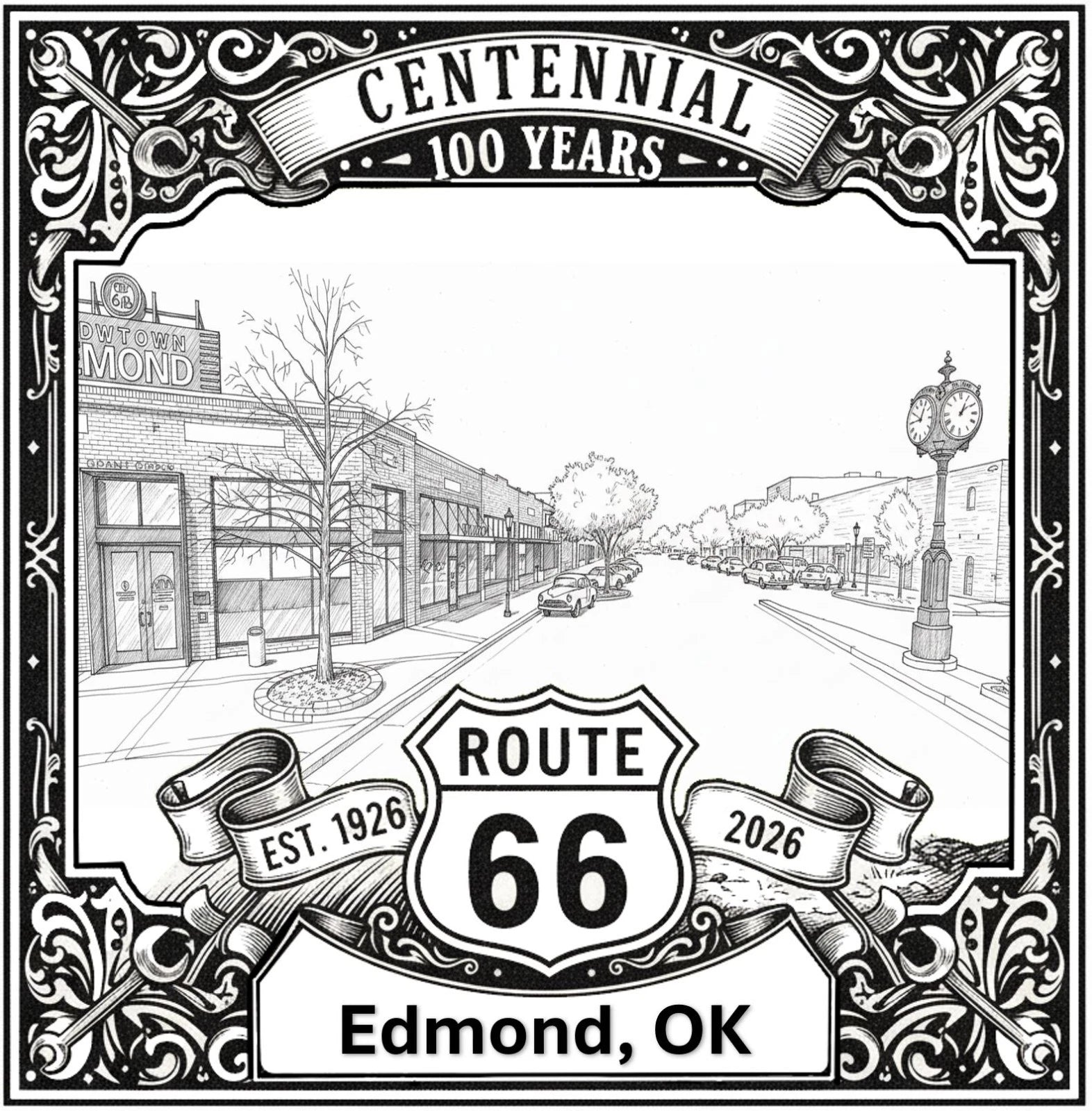 Laser-engraved design of Edmond, Oklahoma for Route 66 Centennial