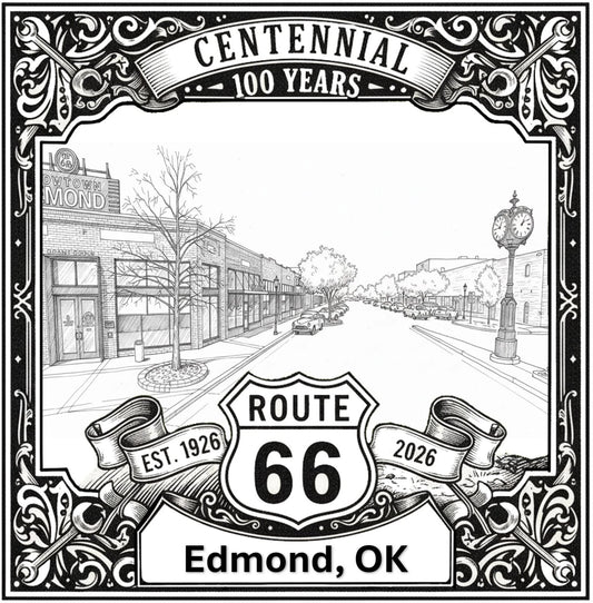 Laser-engraved design of Edmond, Oklahoma for Route 66 Centennial