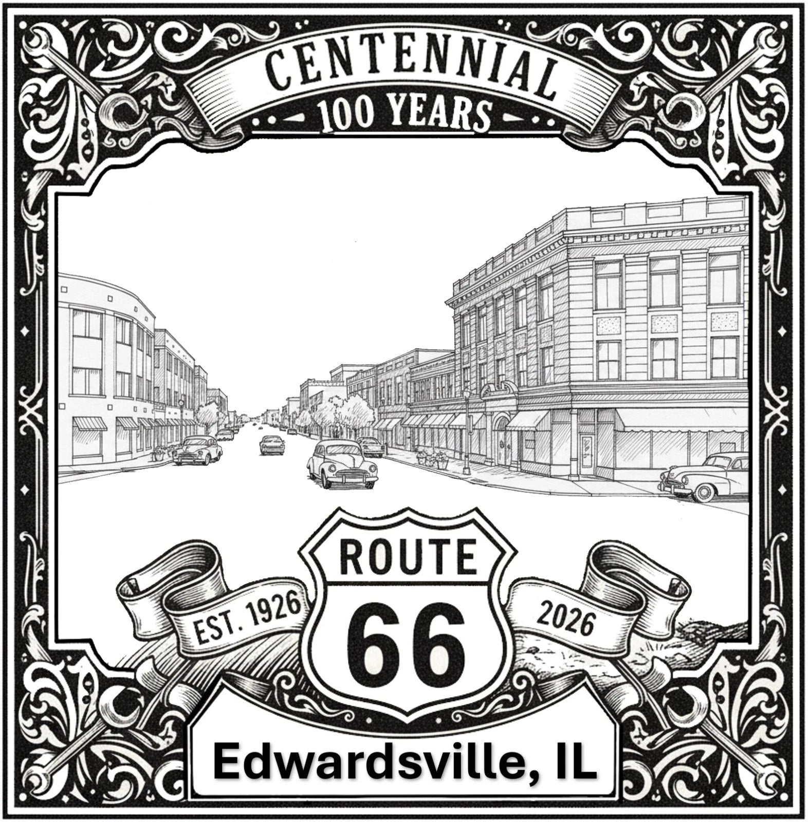 Laser-engraved design of Edwardsville, Illinois for Route 66 Centennial