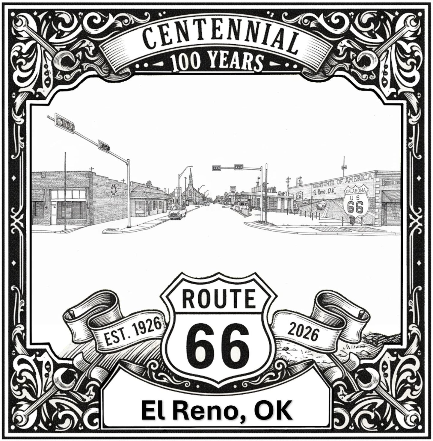Laser-engraved design of El Reno, Oklahoma for Route 66 Centennial