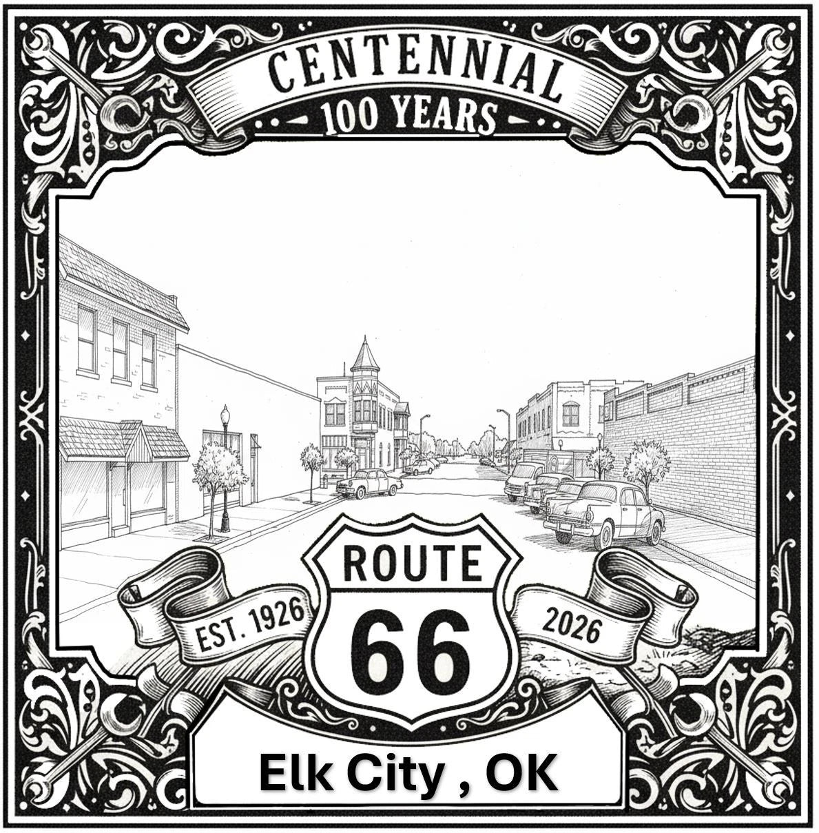Laser-engraved design of Elk City, Oklahoma for Route 66 Centennial