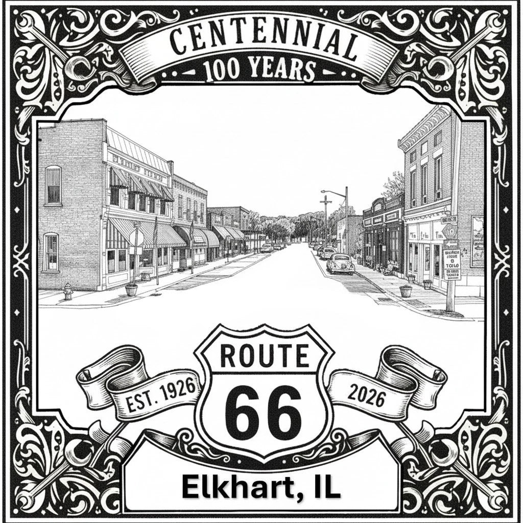 Laser-engraved design of Elkhart, Illinois for Route 66 Centennial