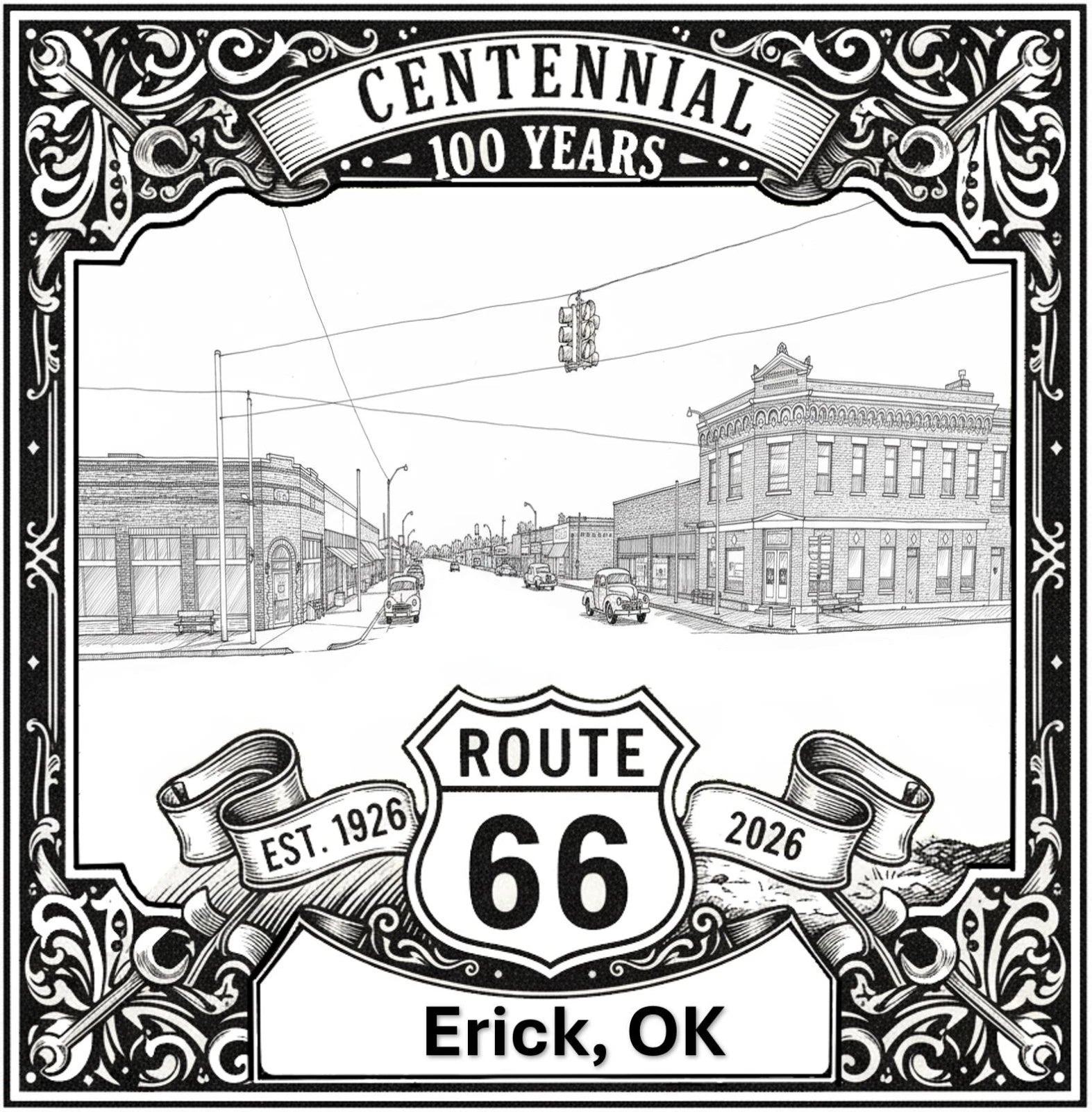 Laser-engraved design of Erick, Oklahoma for Route 66 Centennial
