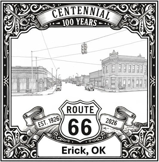 Laser-engraved design of Erick, Oklahoma for Route 66 Centennial
