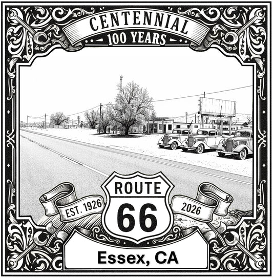Laser-engraved design of Essex, California for Route 66 Centennial
