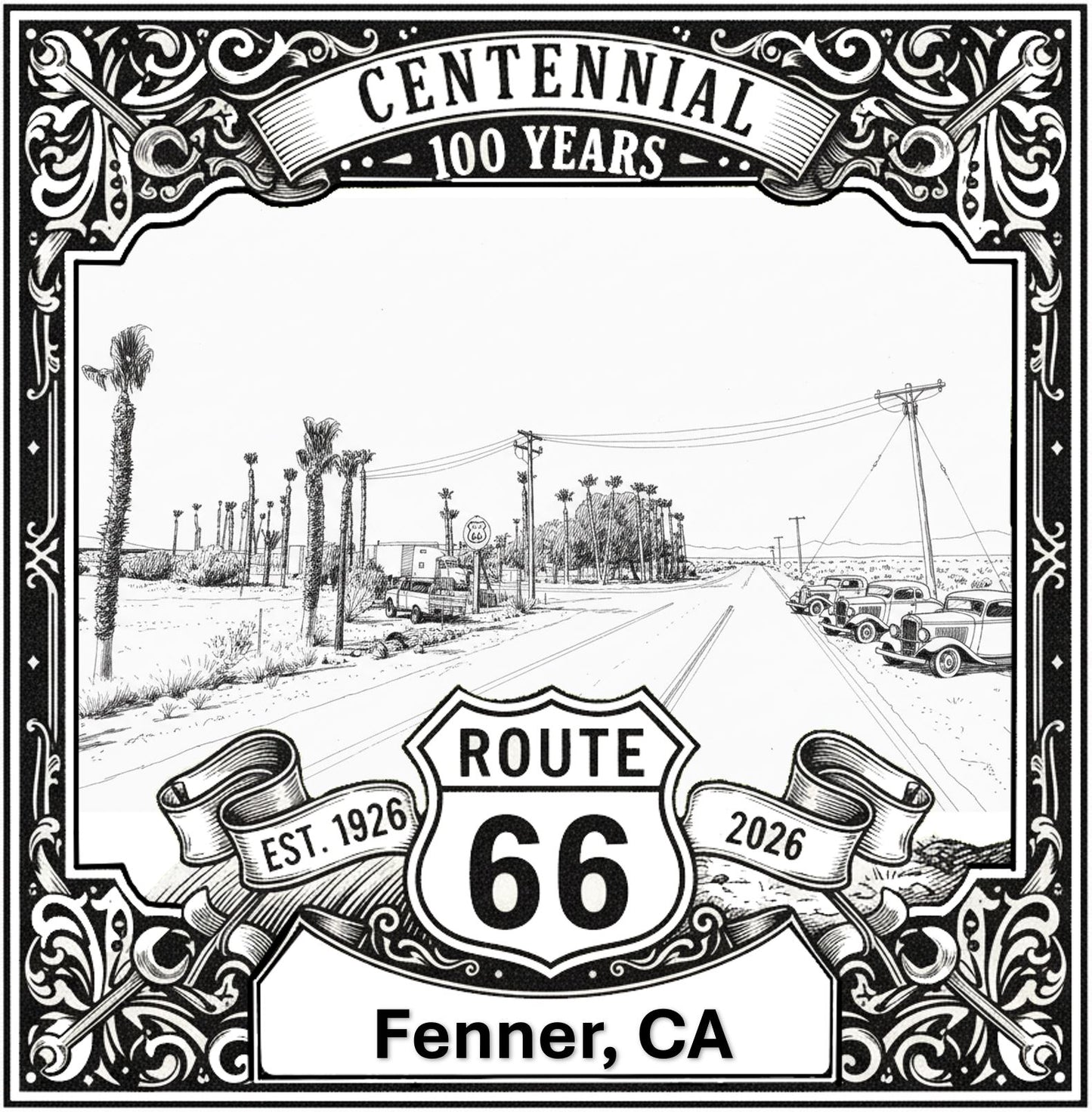 Laser-engraved design of Fenner, California for Route 66 Centennial