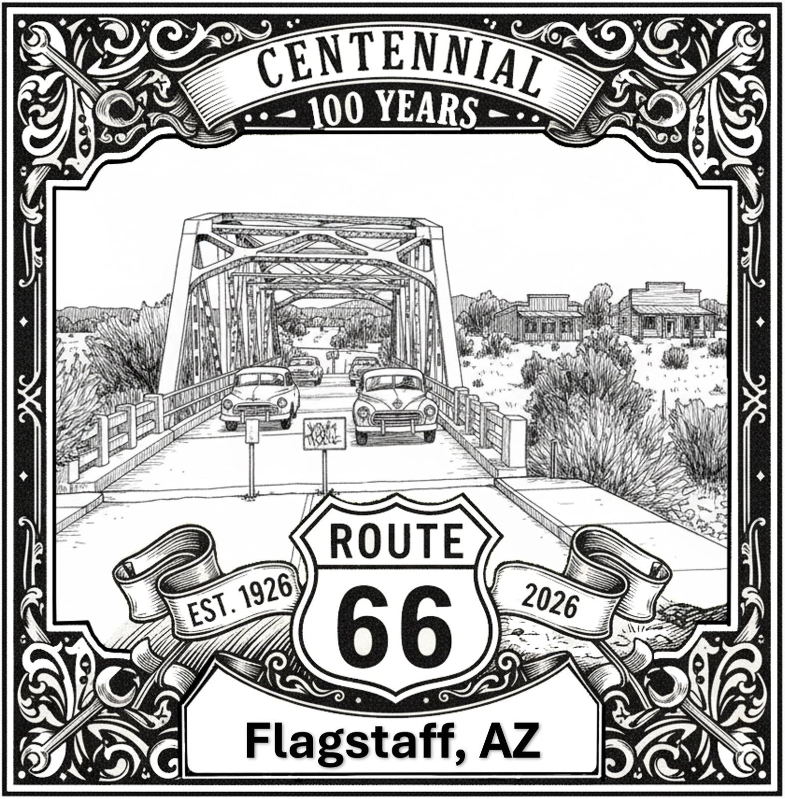 Laser-engraved design of Flagstaff, Arizona for Route 66 Centennial