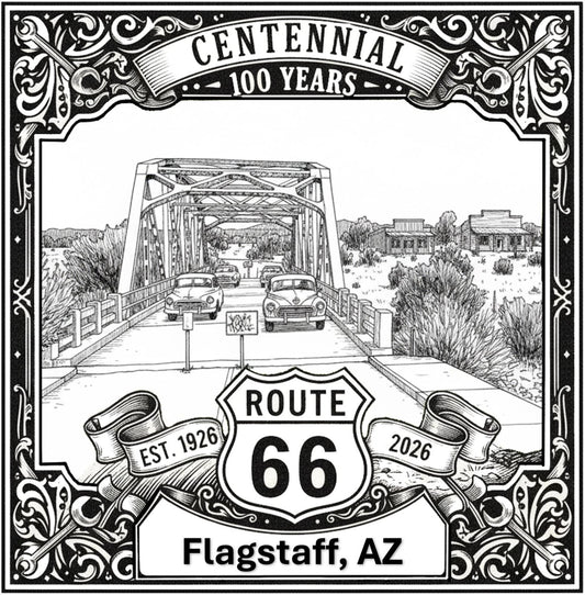 Laser-engraved design of Flagstaff, Arizona for Route 66 Centennial