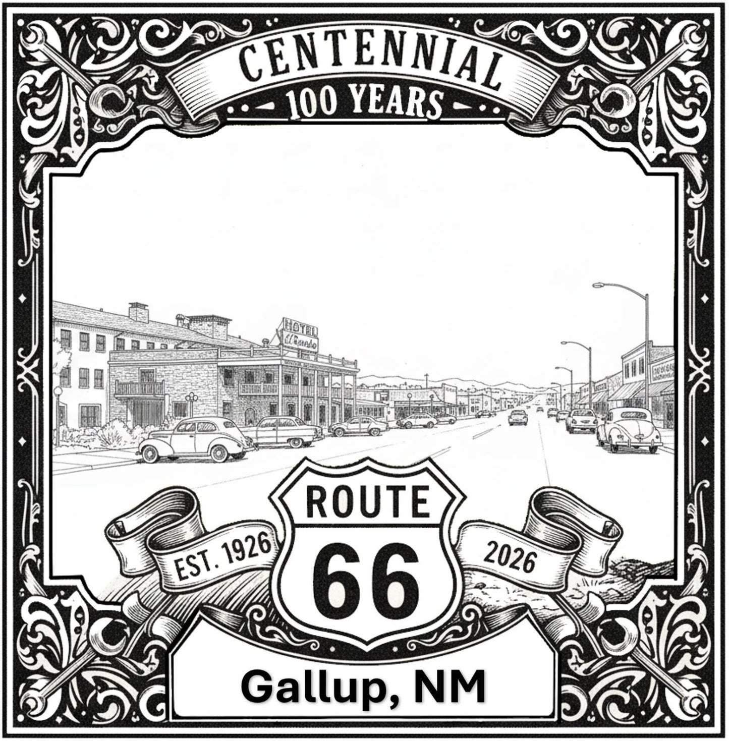 Laser-engraved design of Gallup, New Mexico for Route 66 Centennial