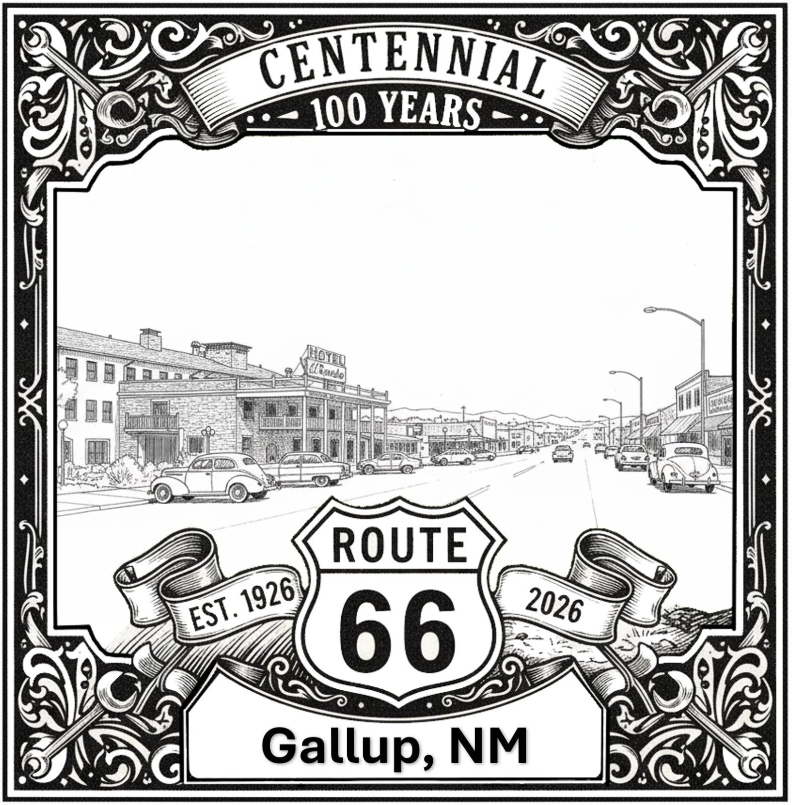 Laser-engraved design of Gallup, New Mexico for Route 66 Centennial