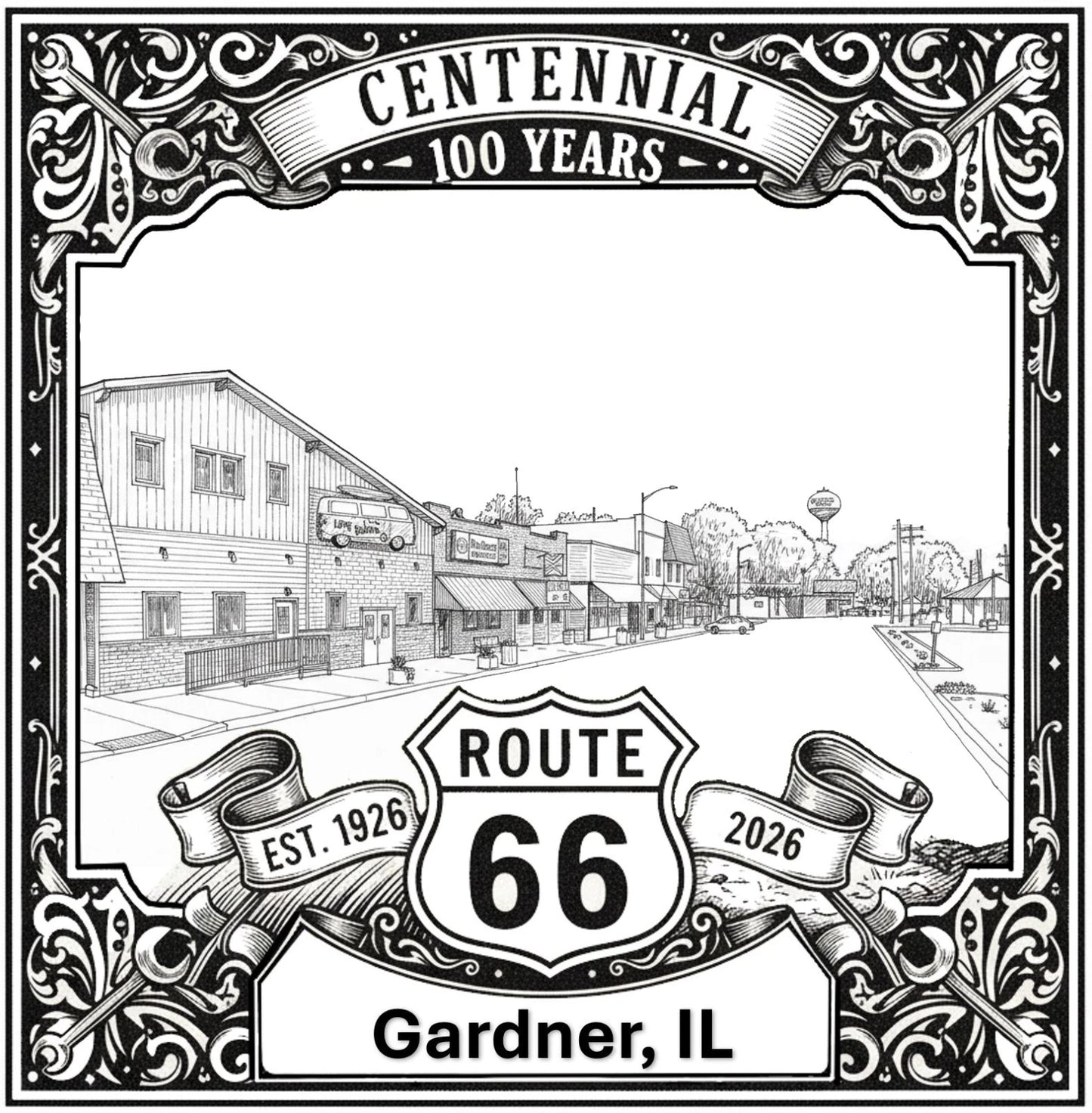 Laser-engraved design of Gardner, Illinois for Route 66 Centennial