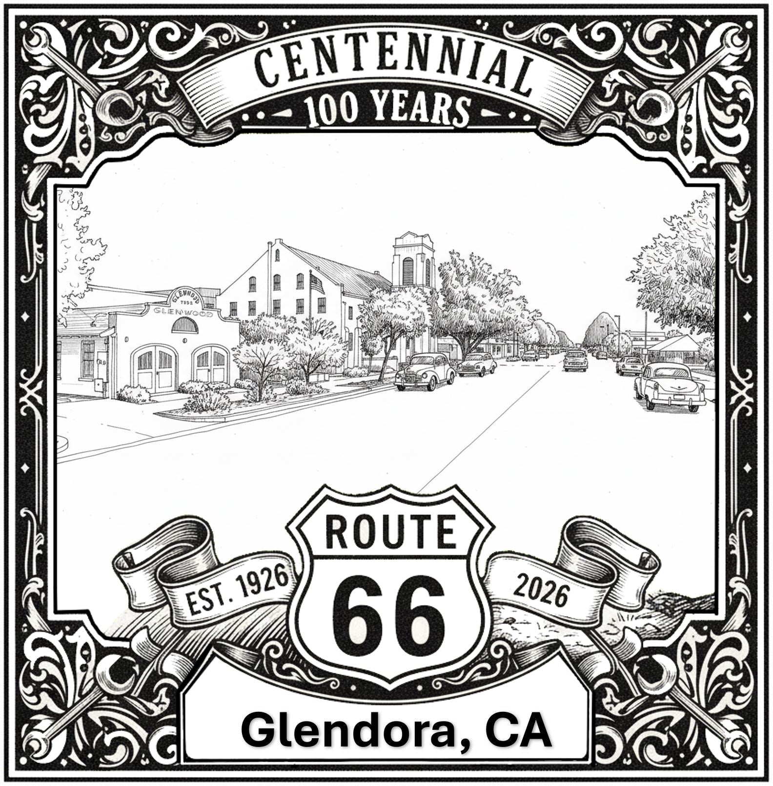 Laser-engraved design of Glendora, California for Route 66 Centennial