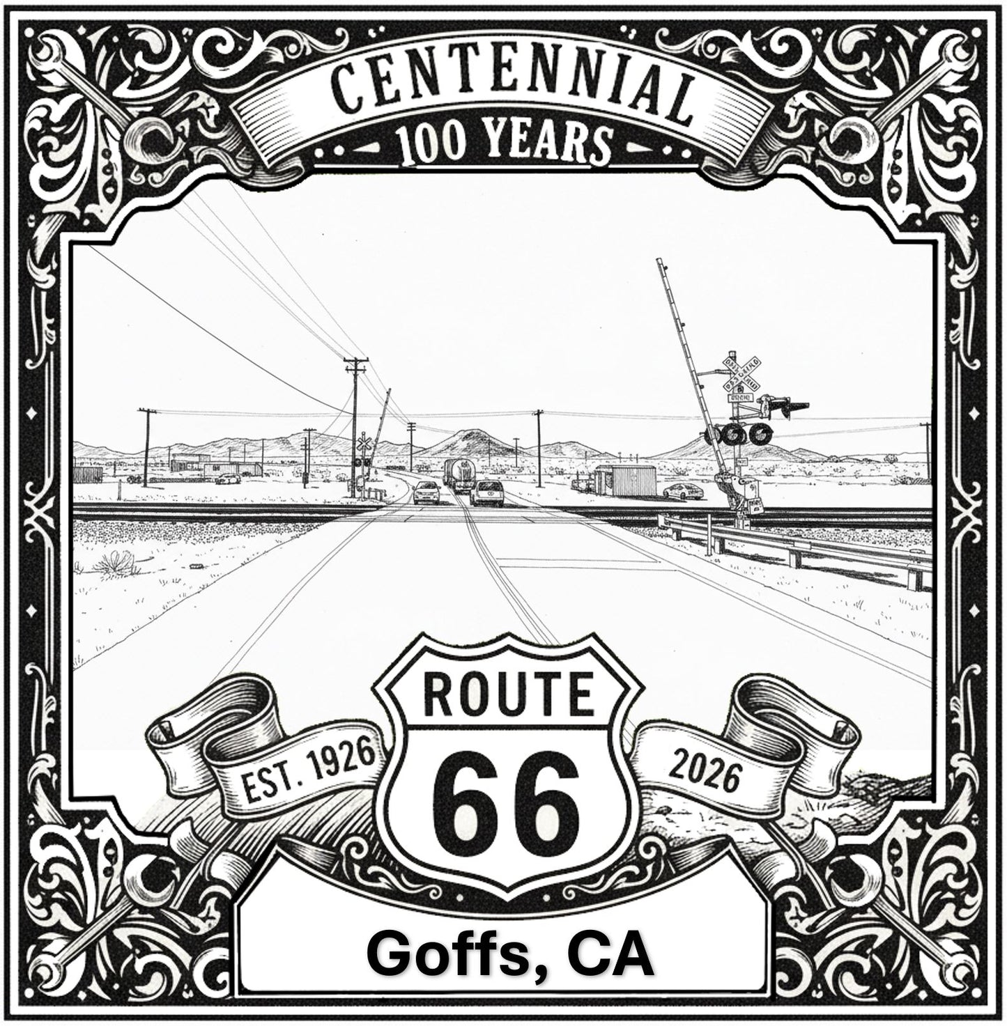 Laser-engraved design of Goffs, California for Route 66 Centennial