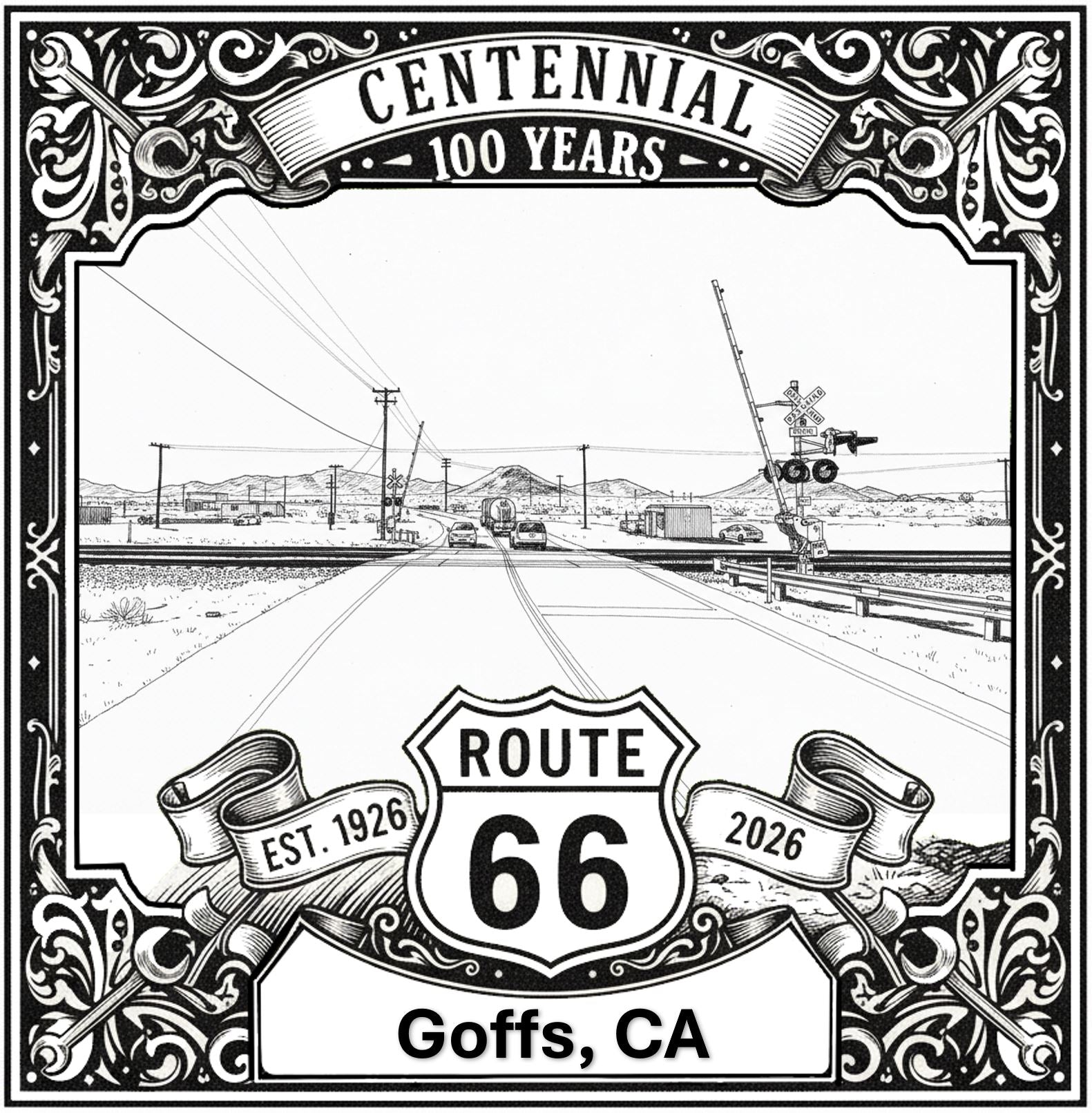 Laser-engraved design of Goffs, California for Route 66 Centennial