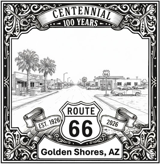 Laser-engraved design of Golden Shores, Arizona for Route 66 Centennial
