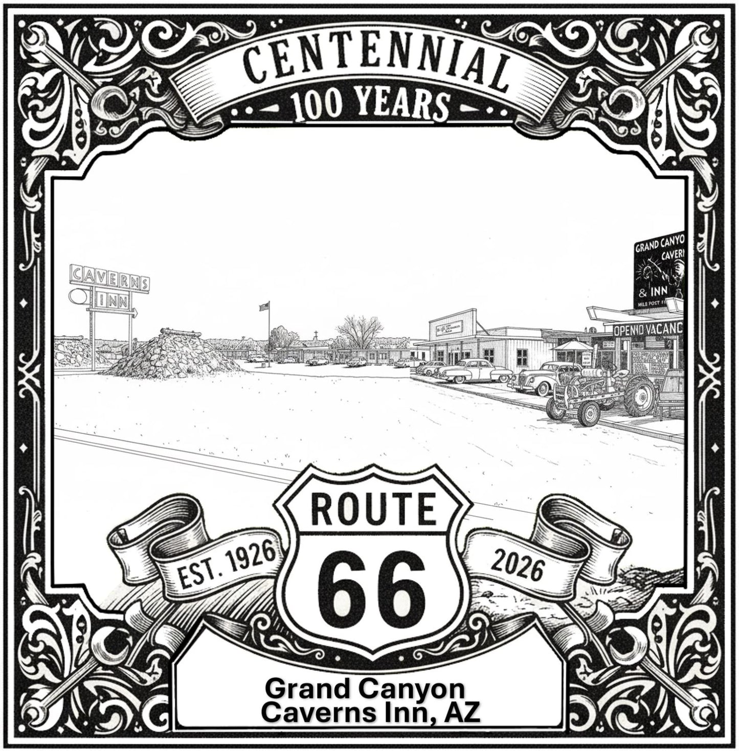 Laser-engraved design of Grand Canyon Caverns and Inn in Arizona for Route 66 Centennial