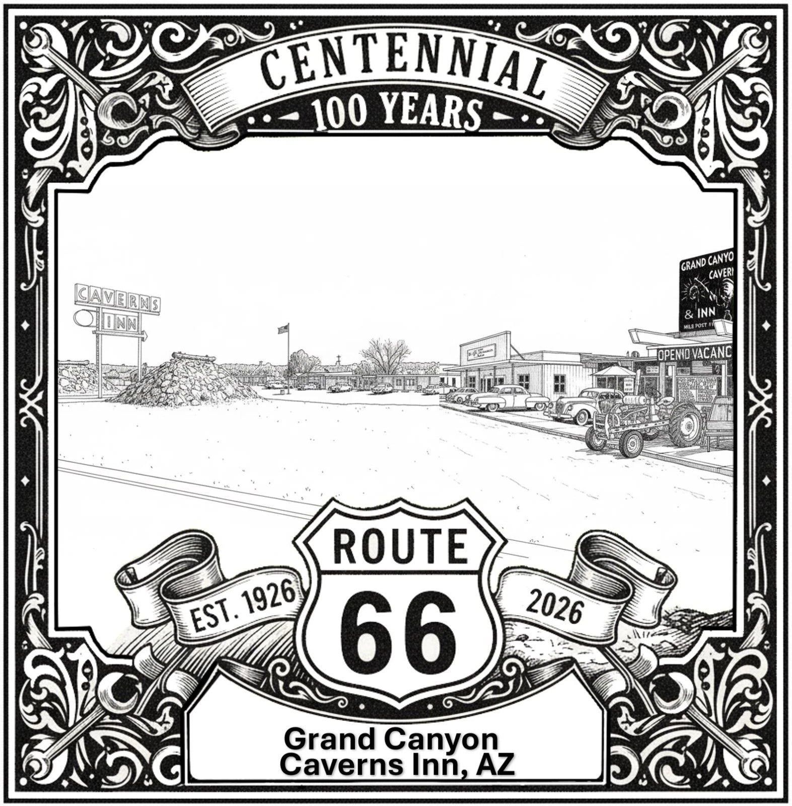 Laser-engraved design of Grand Canyon Caverns and Inn in Arizona for Route 66 Centennial