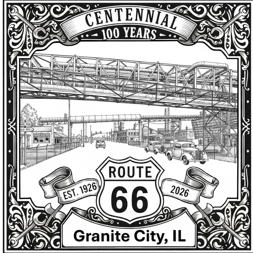 Laser-engraved design of Granite City, Illinois for Route 66 Centennial