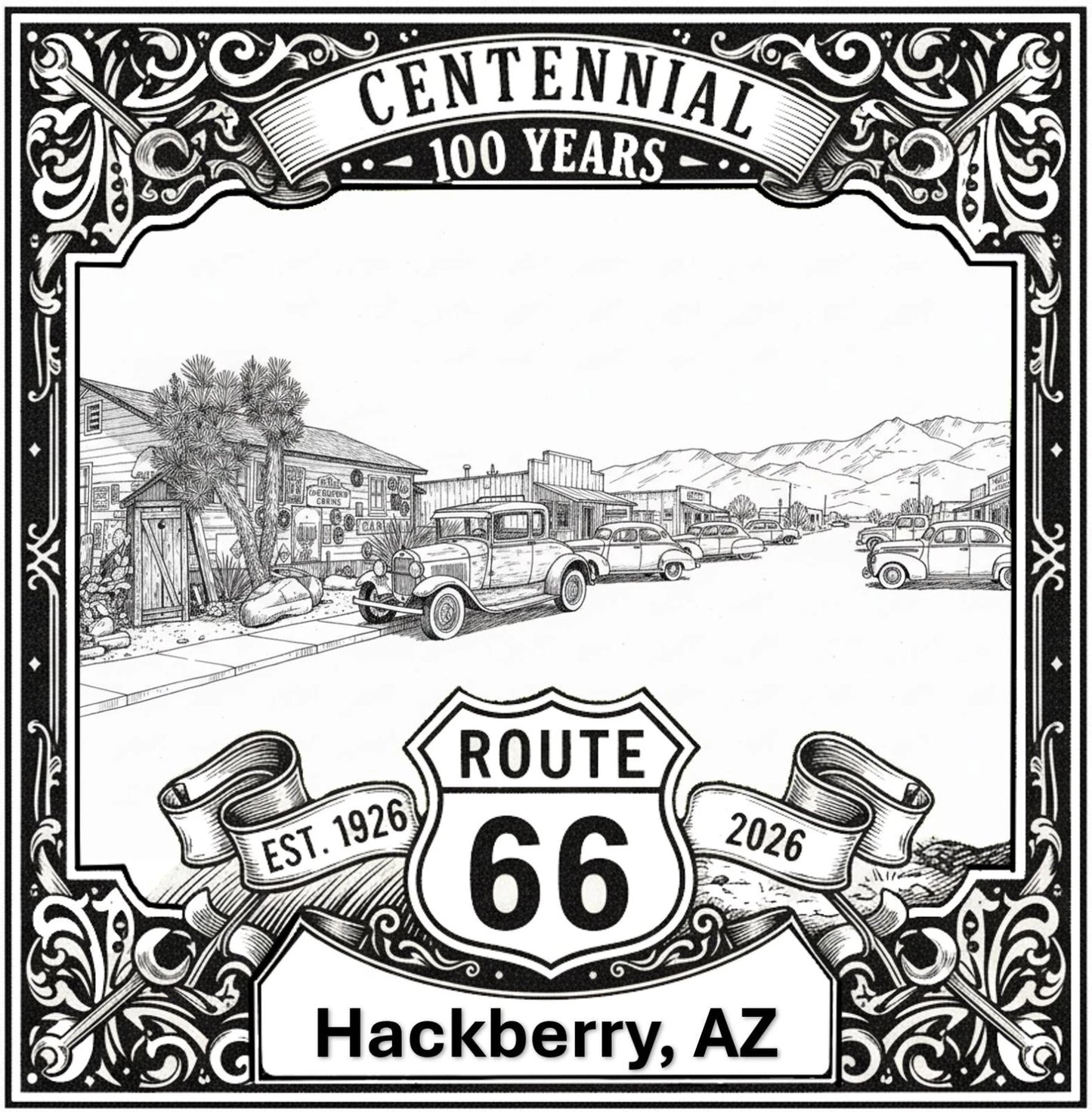 Laser-engraved design of Hackberry, Arizona for Route 66 Centennial