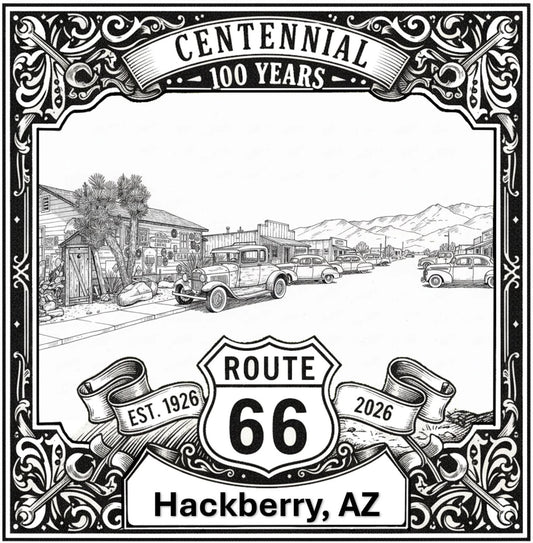 Laser-engraved design of Hackberry, Arizona for Route 66 Centennial