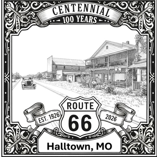 Laser-engraved design of Halltown, Missouri for Route 66 Centennial