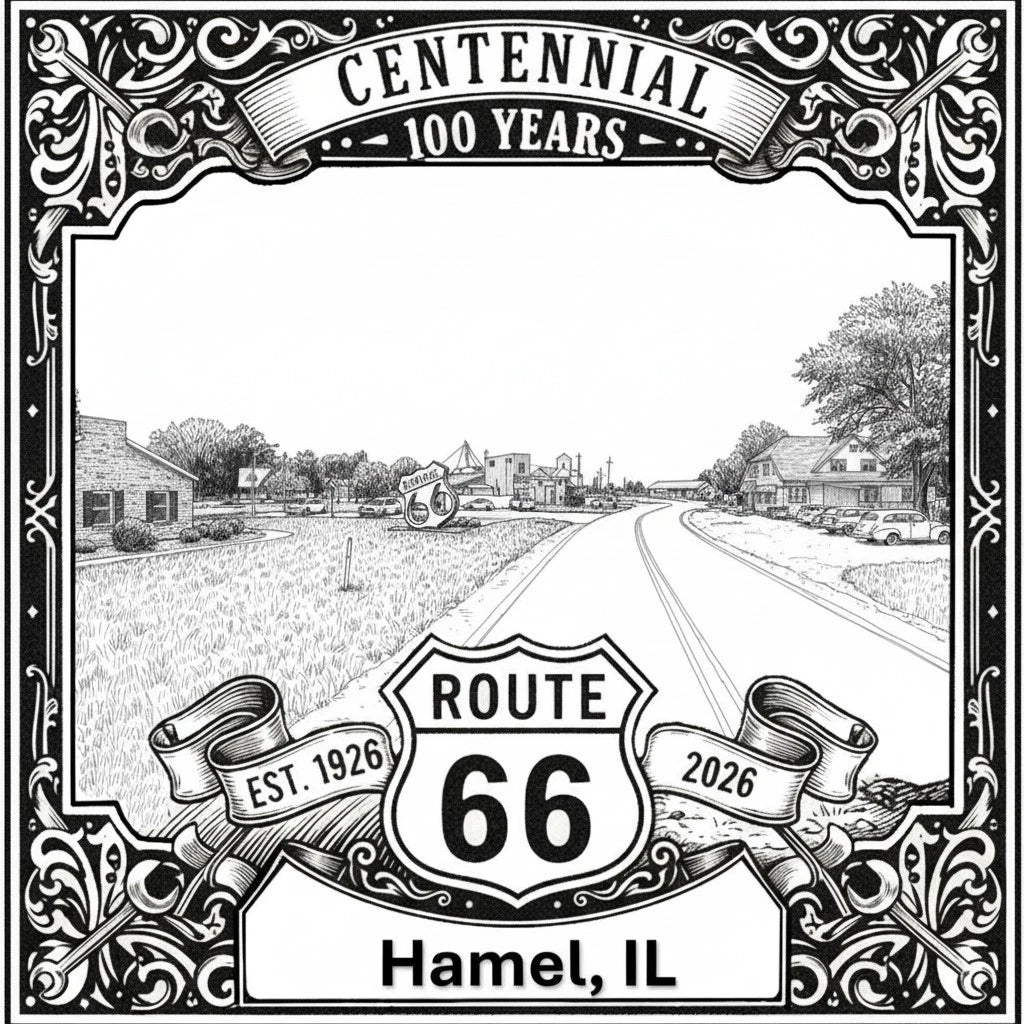 Laser-engraved design of Hamel, Illinois for Route 66 Centennial
