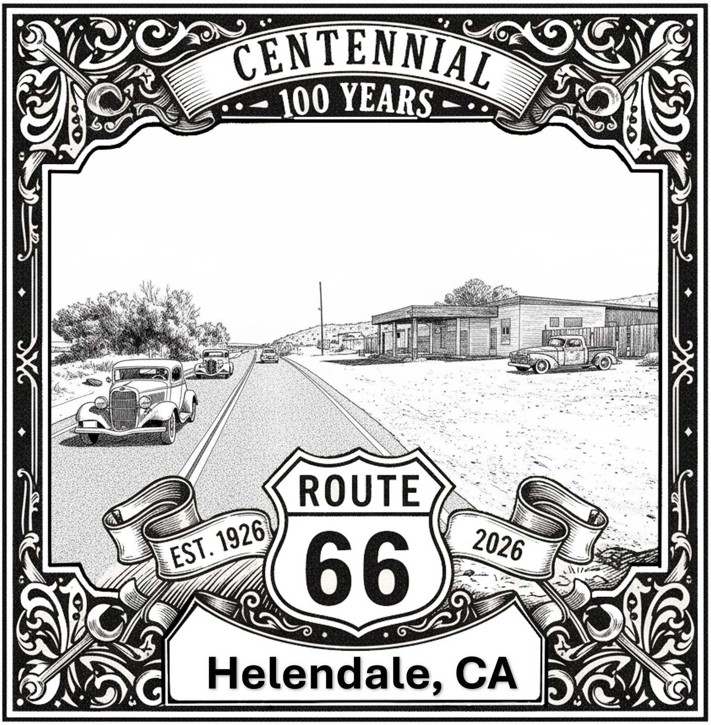 Laser-engraved design of Helendale, California for Route 66 Centennial