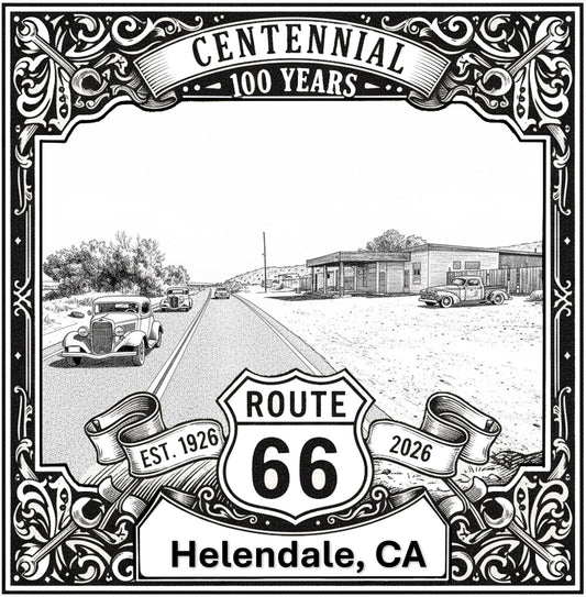 Laser-engraved design of Helendale, California for Route 66 Centennial