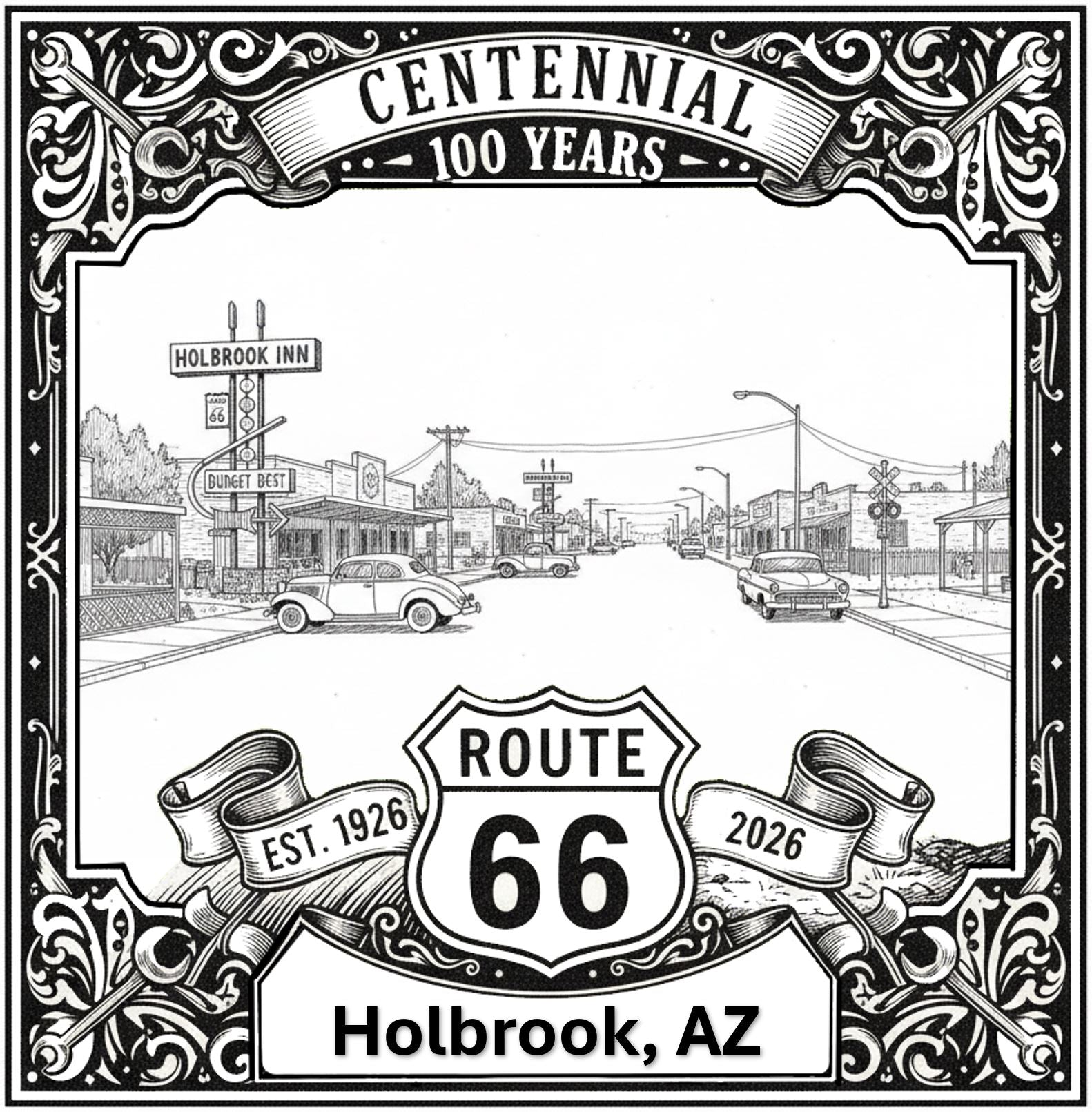 Laser-engraved design of Holbrook, Arizona for Route 66 Centennial