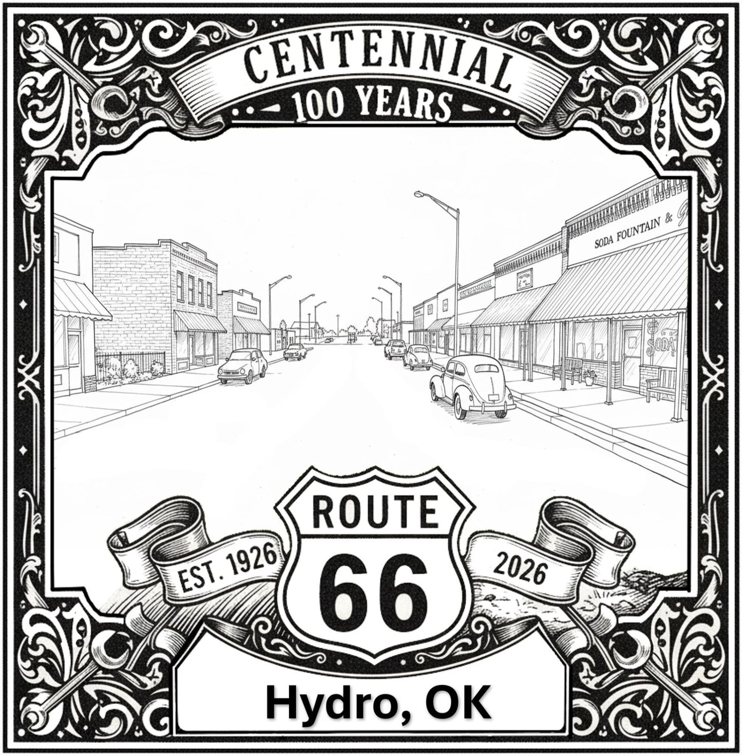 Laser-engraved design of Hydro, Oklahoma for Route 66 Centennial