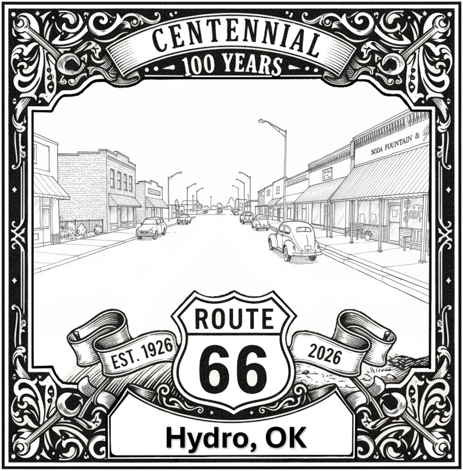 Laser-engraved design of Hydro, Oklahoma for Route 66 Centennial