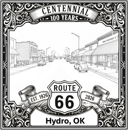 Laser-engraved design of Hydro, Oklahoma for Route 66 Centennial