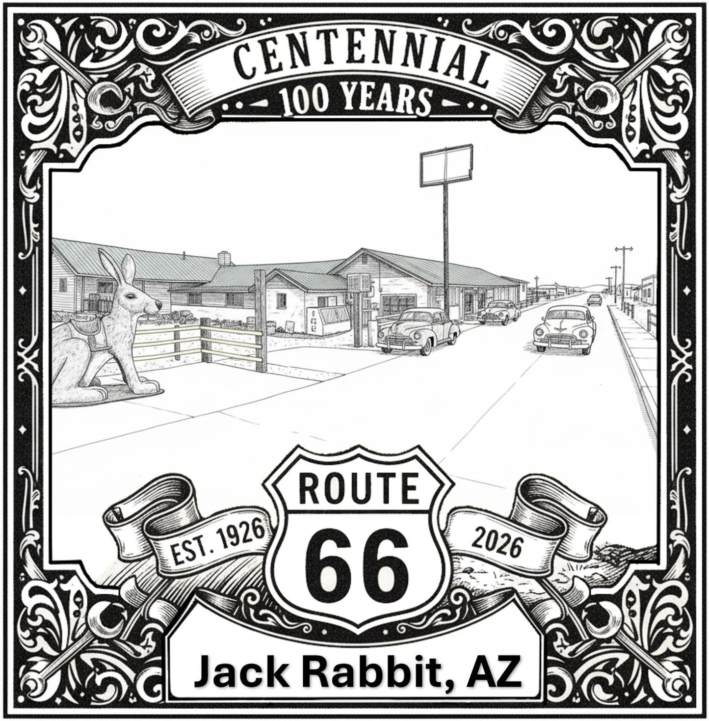 Laser-engraved design of Jack Rabbit Trading Post in Arizona for Route 66 Centennial