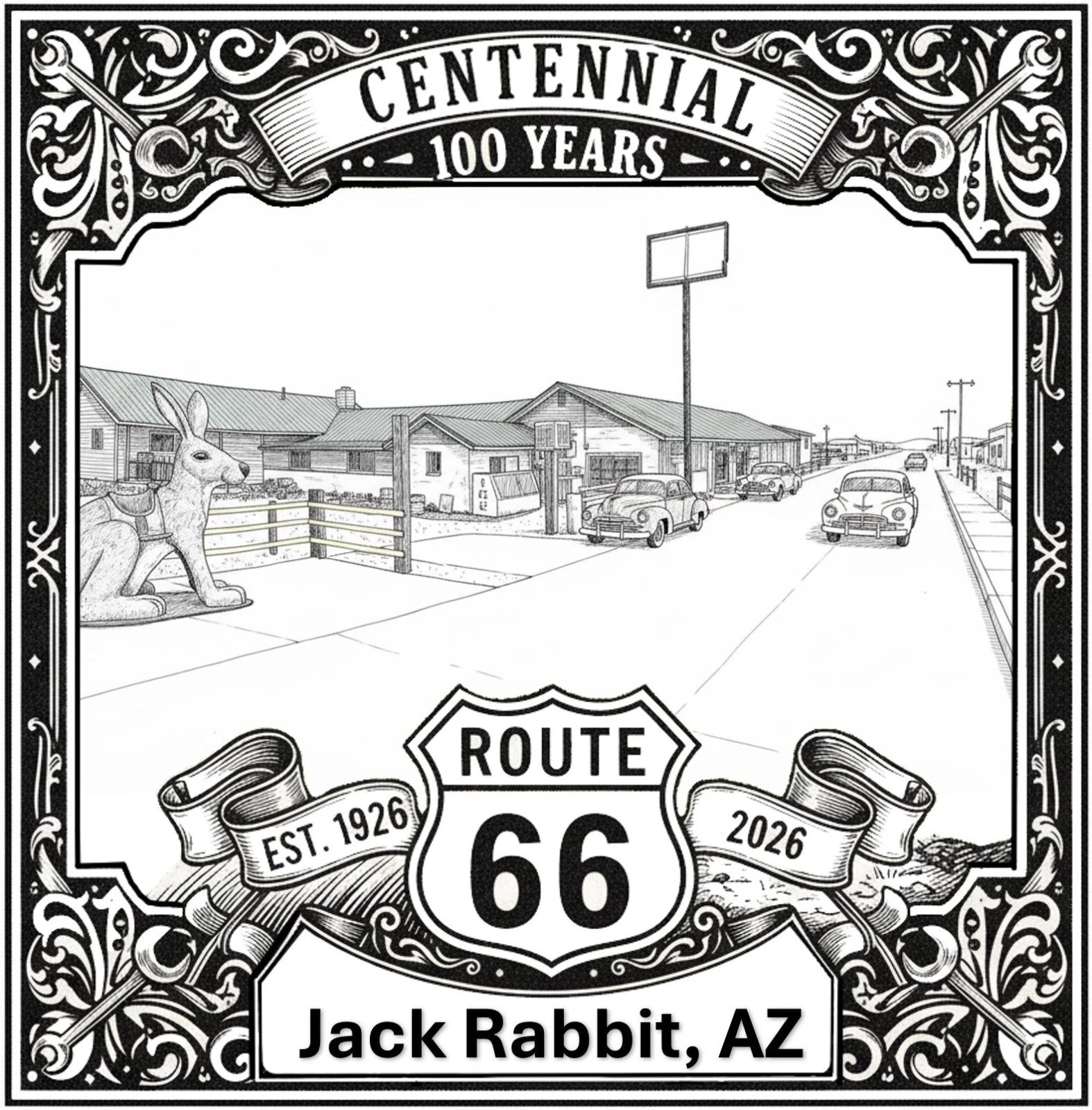 Laser-engraved design of Jack Rabbit Trading Post in Arizona for Route 66 Centennial