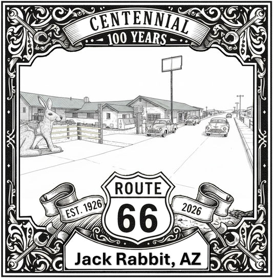 Laser-engraved design of Jack Rabbit Trading Post in Arizona for Route 66 Centennial