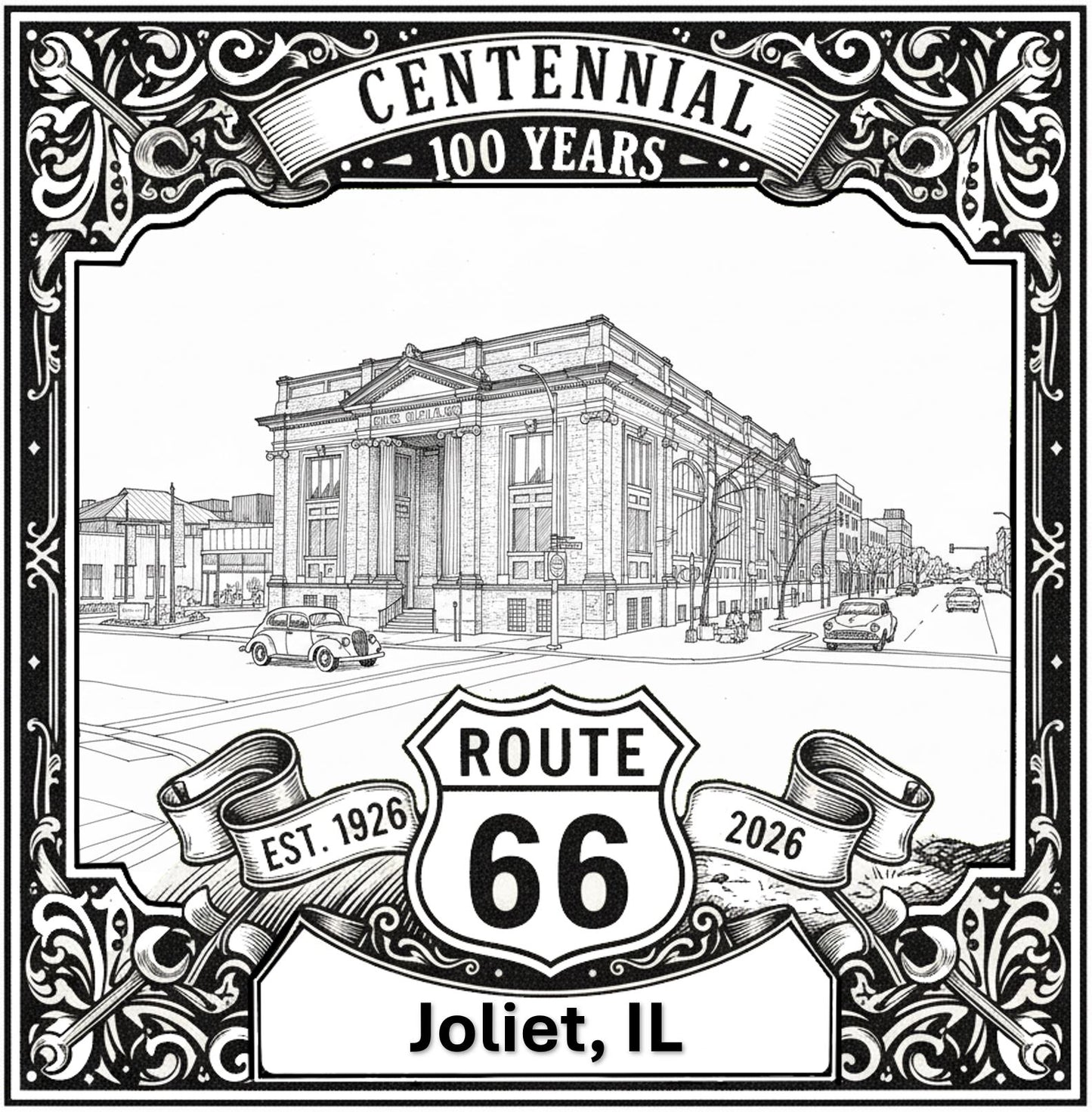 Laser-engraved design of Joliet, Illinois for Route 66 Centennial

