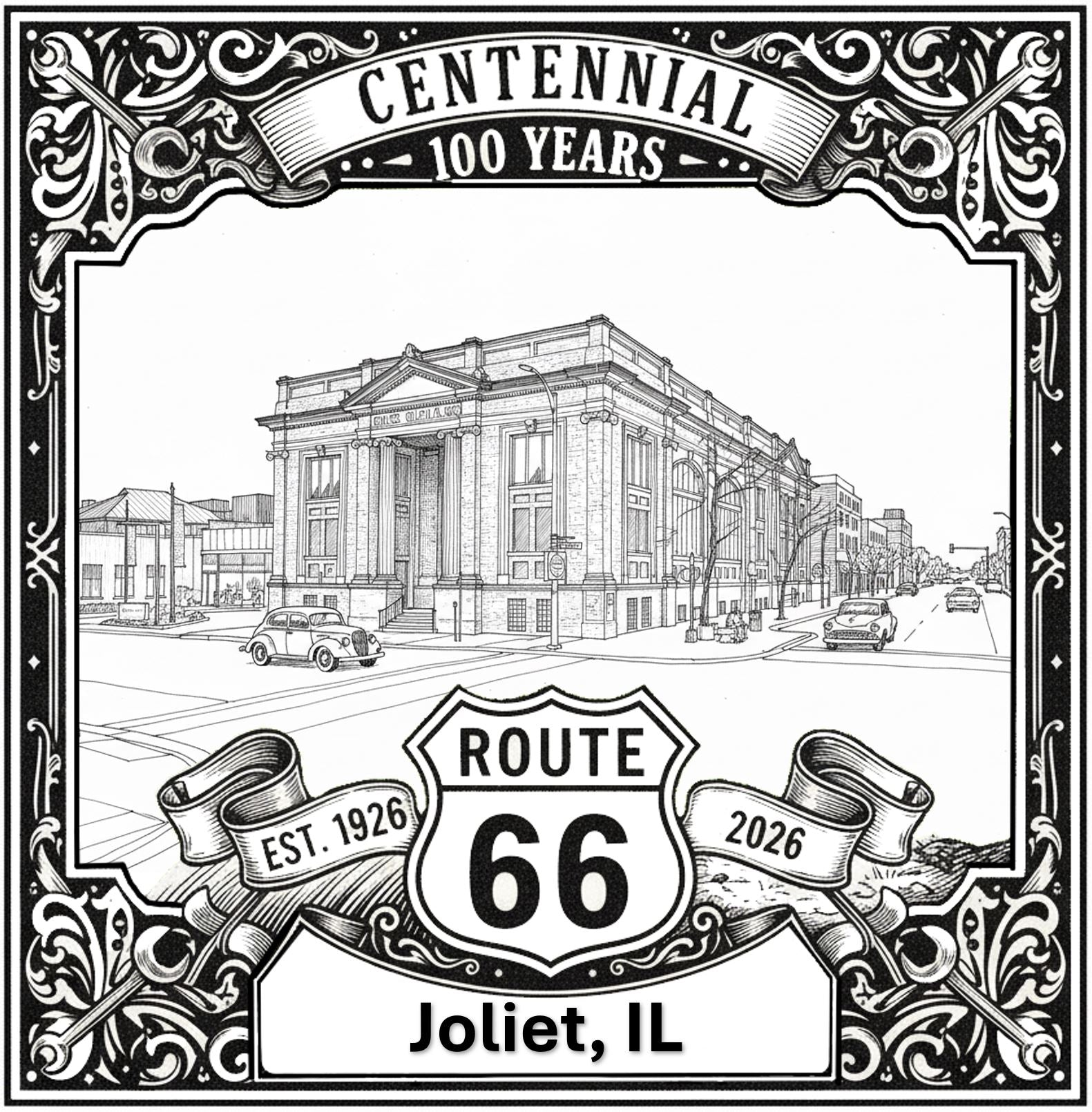 Laser-engraved design of Joliet, Illinois for Route 66 Centennial
