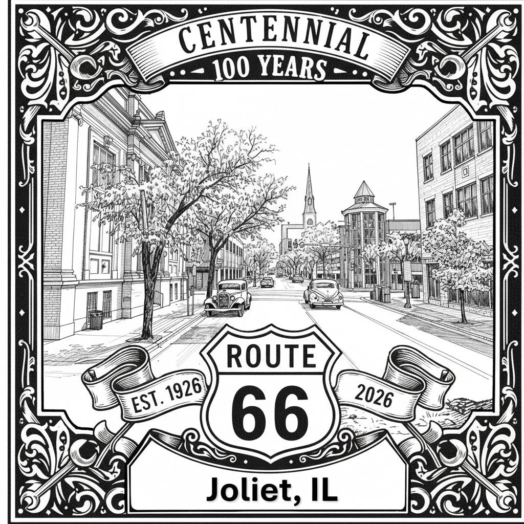 Laser-engraved design of Joliet, Illinois for Route 66 Centennial
