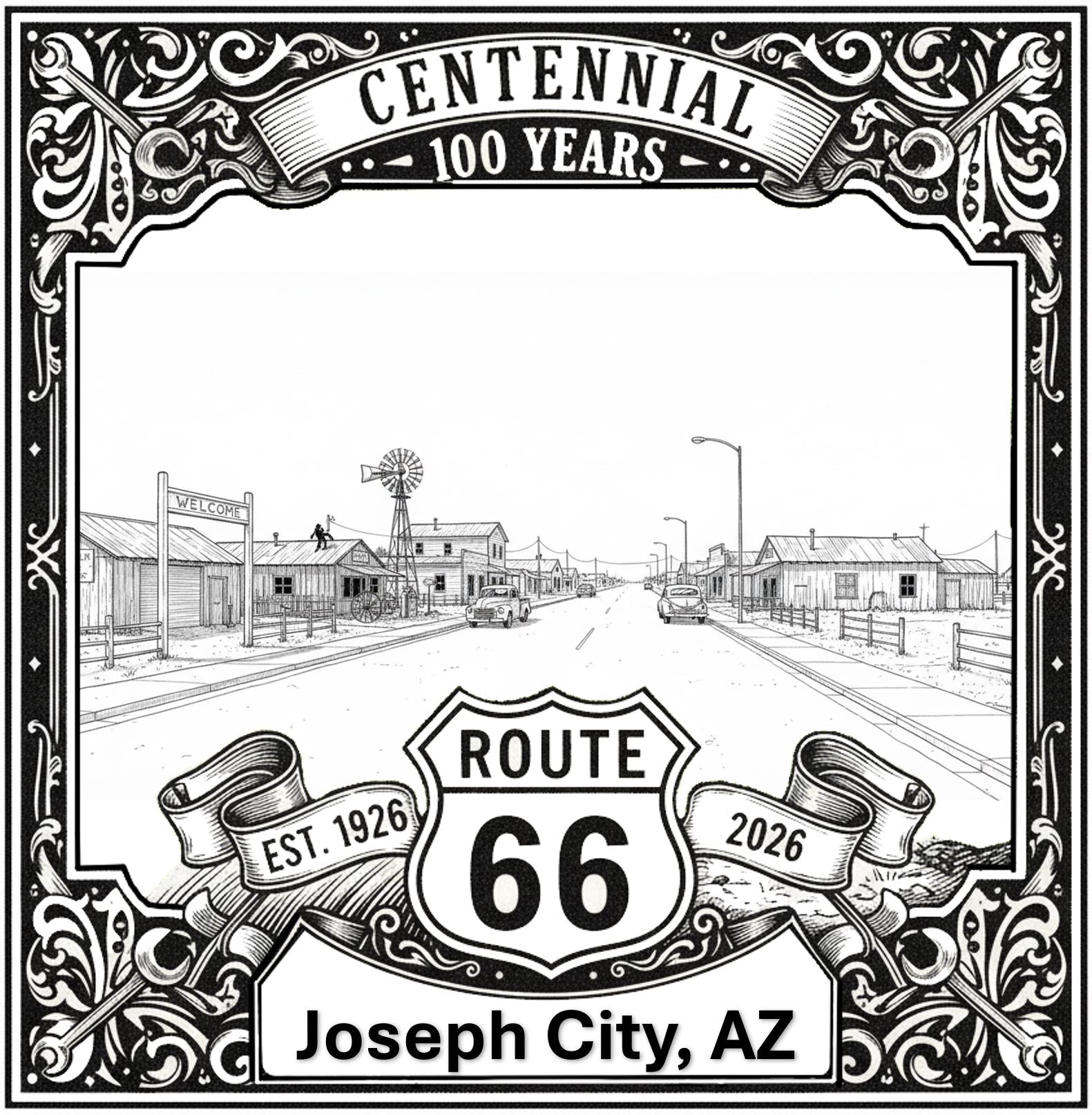 Laser-engraved design of Joseph City, Arizona for Route 66 Centennial